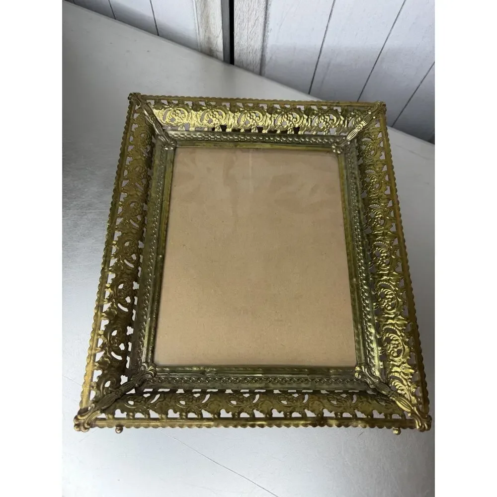 Vintage Ornate Gold Tone Metal Picture Frame Tabletop Decor Hollywood Glam